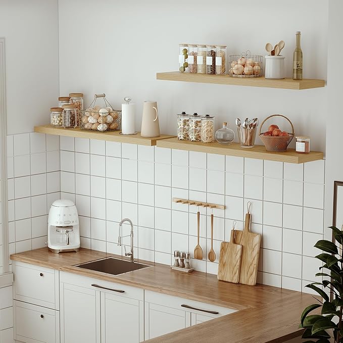 Single Floating Shelves Oak 48 Inches, 48 x 10 inch Deep x 1.8 in Thick, Long Wall Shelves Heavy Duty 80 lbs for Bedroom, Living Room, Kitchen, Office, Modern Shelf Book Home Decor-Ruum Studio Home