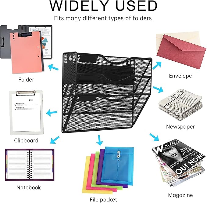 3-Tier Magnetic File Holder, No Drilling Installation File Cabinet Organizer, Black Magnetic File Organizer, Magazine Rack, Magnetic Paper Holder for Refrigerator, File Cabinets, Whiteboard-Ruum Studio Home
