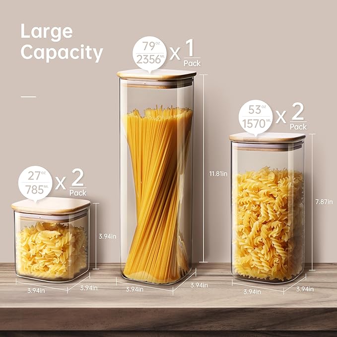 Square Glass Jars with Bamboo Lids [Muti Size Set of 5], Glass Canisters with Airtight Lids, Glass Food Storage Containers for Pasta, Cereal, Flour, Sugar, Best for Kitchen & Pantry-Ruum Studio Home