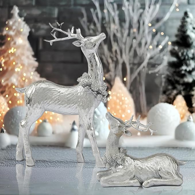 DN DECONATION Christmas Reindeer Figurines, Winter Deer Small Statues Decor, Silver Decorative Reindeer Sculptures, Resin Xmas Holiday Home Décor Accents for Office Living Room & Bedroom 2PCS-Ruum Studio Home