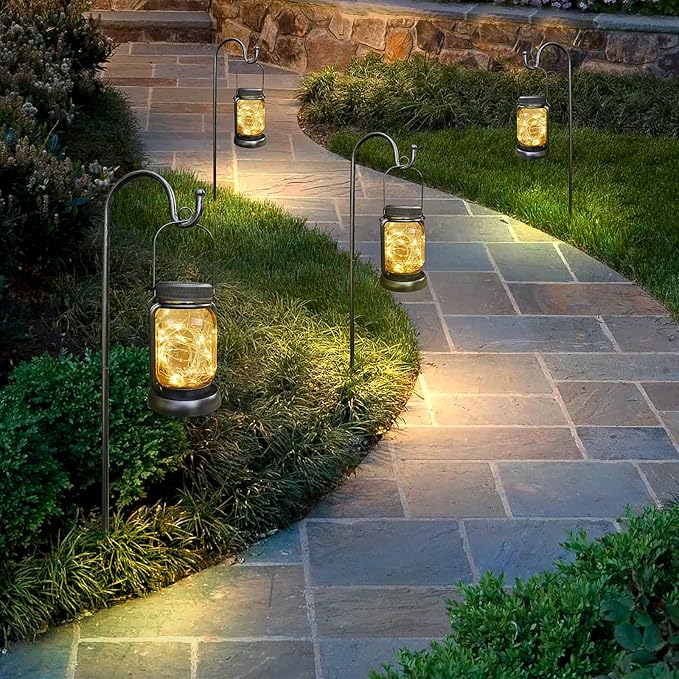 Mlambert 4 Pack Solar Hanging Lantern with Stakes, Outdoor Waterproof Solar Mason Jar Fairy String Lights Decorative Vintage Glass Lamp-Warm White-Ruum Studio Home