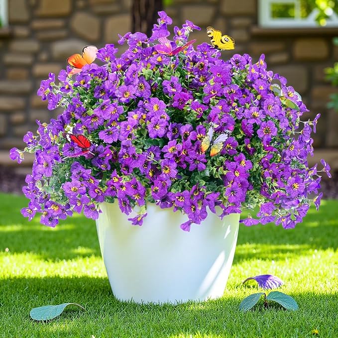 ‌20 Bundles Artificial Flowers for Outdoors‌ with 6 Faux Butterflies, UV Resistant ‌Fake Flowers‌ with Eucalyptus Leaves, ‌Artificial Plants Outdoor‌ for Patio Garden Porch Home Decor (Purple)-Ruum Studio Home