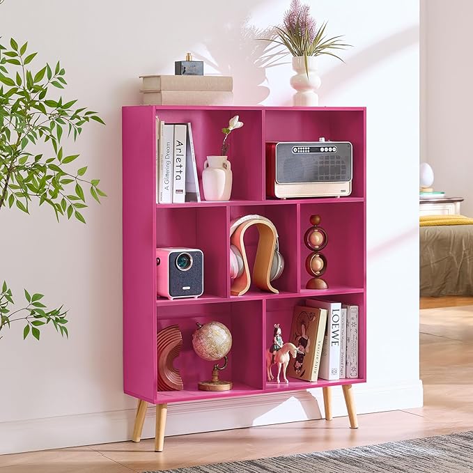LEYAOYAO 7 Cube Bookshelf,3 Tier Book Shelf with Legs,Pink Modern Bookshelf,Large Freestanding Open Toy Modern Bookshelves,Display Bookcases Decor Furniture for Nursery-Ruum Studio Home