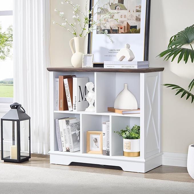 Farmhouse 5 Cube Bookshelf, White Storage Organizer Bookcase, Kids Toy Storage Cabinet, Small Bookshelves Storage Organizer Shelf, Wood Display Cabinet Book Shelves for Bedroom,Living Room,Office-Ruum Studio Home
