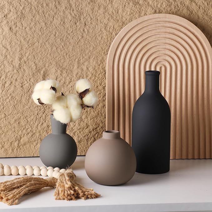Ceramic Vase Set of 3, Vases Home Decor Rustic Farmhouse Decor Pottery Vases for Bouquet Pampas Grass Dried Fresh Flowers, Living Room, Kitchen, Bedroom, Bathroom, Entryway Mantel, Decor -Multicolor-Ruum Studio Home
