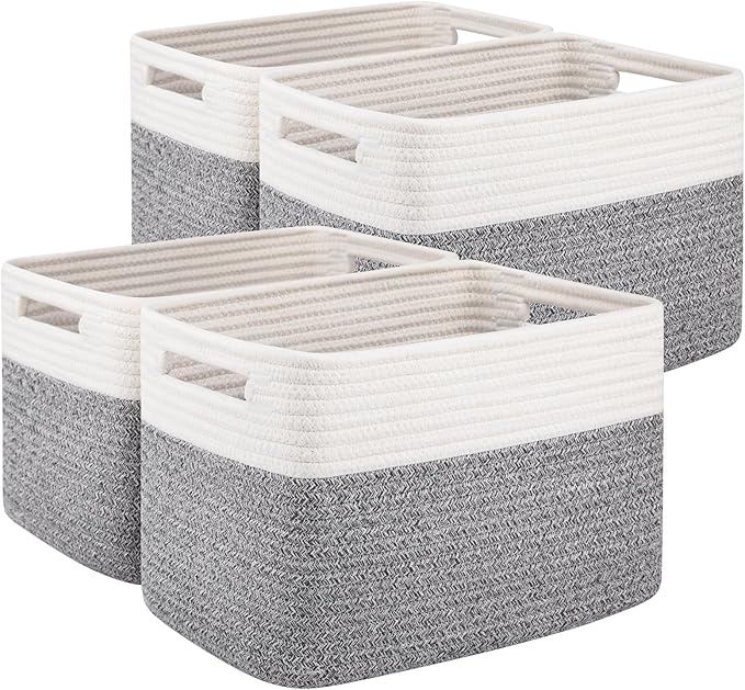 OIAHOMY 4 Pack Storage Baskets for Organizing, Basket for Shelves with Handle, Woven Baskets for Storage Toys, Towels, Books, Cotton Rope Basket 13" L x 9 " W x 7.8 " H, Grey & White-Ruum Studio Home