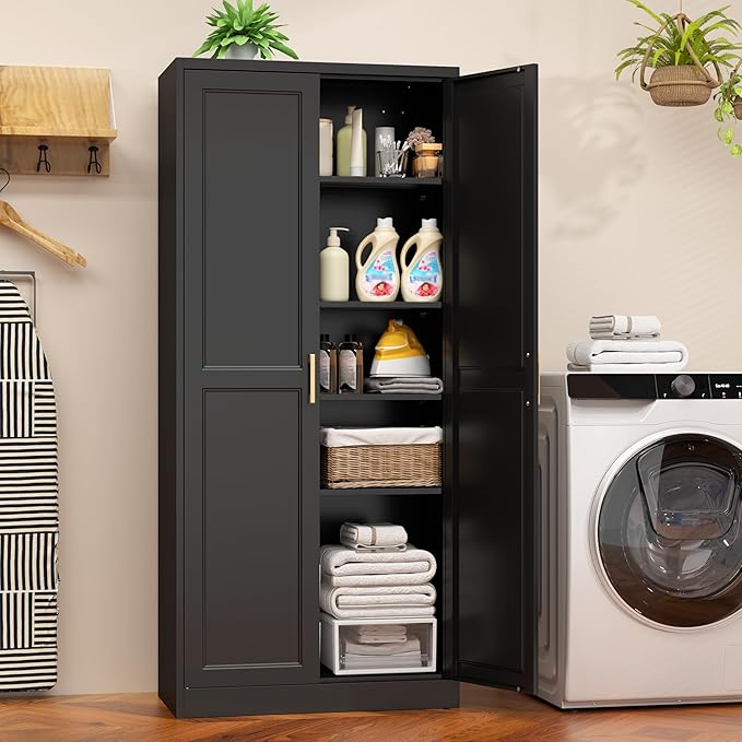 71" Tall Metal Pantry Cabinet, Black Kitchen Pantry Storage Cabinet with 4 Adjustable Shelves and Gold Handles, Cupboard for Kitchen, Dining Room, Living Room, Bathroom-Ruum Studio Home