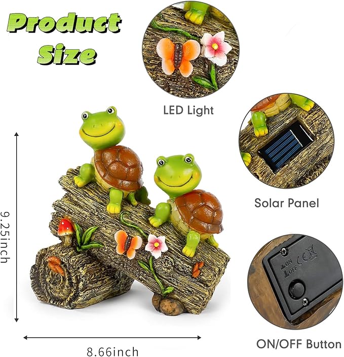 Garden Turtle Figurines Outdoor Decorations, Solar Powered Sweet Frog Face Turtles Resin Statue with 4 LED Lights, Garden Art Spring Fall Winter Christmas Decor for Patio Lawn Yard-Ruum Studio Home