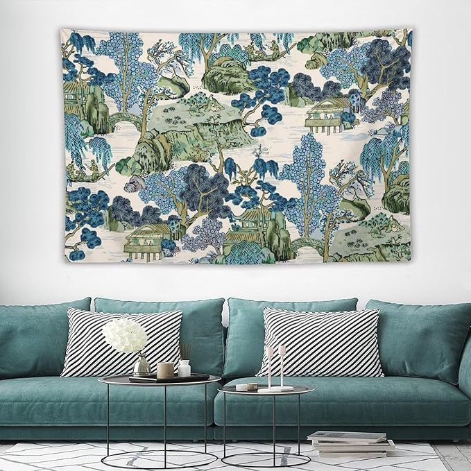 Chinoiserie Tapestry,Asian Watercolor Abstract Art Tapestry,Asian Japanese Wall Tapestry, Nature Landscape Tapestries for Bedroom Living Room Decor 60"x40"-Ruum Studio Home