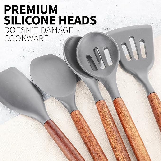 Zulay Kitchen Utensils Set Non-Stick Silicone Cooking Utensils Set with Authentic Acacia Wood Handles - 5 Piece Silicone Utensil Set - Kitchen Utensils Set with 464°F Heat Resistance - Gray-Ruum Studio Home