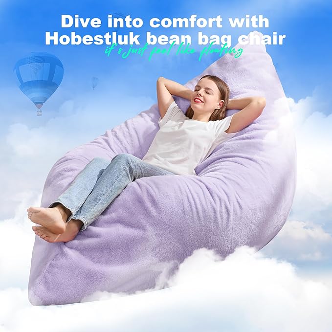 Hobestluk 3 in 1 Bean Bag Chair Giant Bean Bag Chairs for Adults with Plush Faux Fur Cover Convertible Bean Bag Floor Cushion with Machine Washable Cover for Living Room (Plush Purple)-Ruum Studio Home