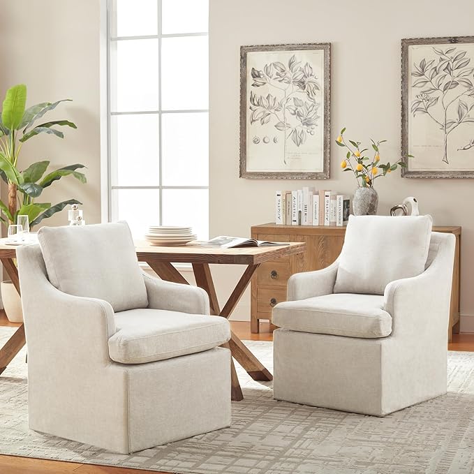 VKNOW Upholstered Dining Chairs, Modern Kitchen Chairs Dinner Chairs with 4 Casters, Linen Armchair for Bedroom Reading Room Living Room, Beige-Ruum Studio Home