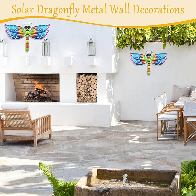 Solar Dragonfly Wall Art, 12-Inch Metal Garden Decor, Color Changing LED Lights, Multicolor-Ruum Studio Home
