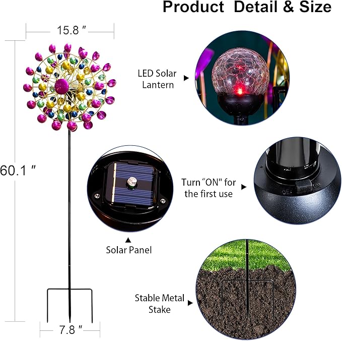 Large Wind Spinners Outdoor Solar Garden Decor Light - Unique Ferris Wheel Shaped Colorful Windmill, Durable Waterproof Design for Garden, Lawn, Patio-Ruum Studio Home