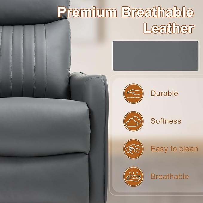 Manual Swivel Rocker Recliner Chair for Adults, Overstuffed Reclining Glider Chair for Nursing with Vibration Massage & Heat, Living Room Rocking Recliner 2-Stage backrest, Faux Leather Gray-Ruum Studio Home