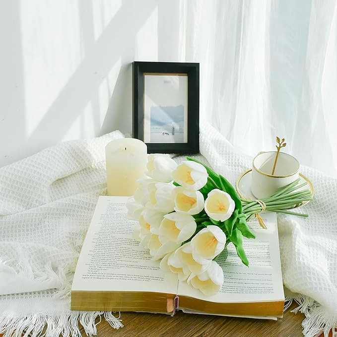 Mandy's Artificial Tulips 12 Stems White Partially Open PU Faux Flowers for Wedding Home Decor 13.5 Inch-Ruum Studio Home
