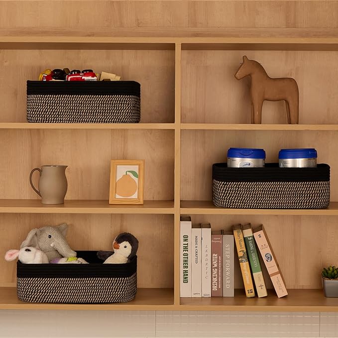 Large Shallow Organizing Baskets 15x11x5.1 Inches - Rope Woven Storage Bins for Bathroom, Shelves, Cube Closet, Black Woven Brown 2 Packs-Ruum Studio Home