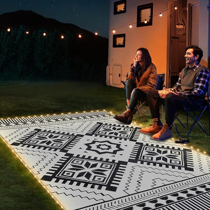 6x9ft Waterproof Outdoor Rug with LED Lights, Boho Reversible Plastic Straw Mat for Patio RV Camping Picnic Balcony Beach Deck Indoor Outdoor Carpet, Black&White-Ruum Studio Home