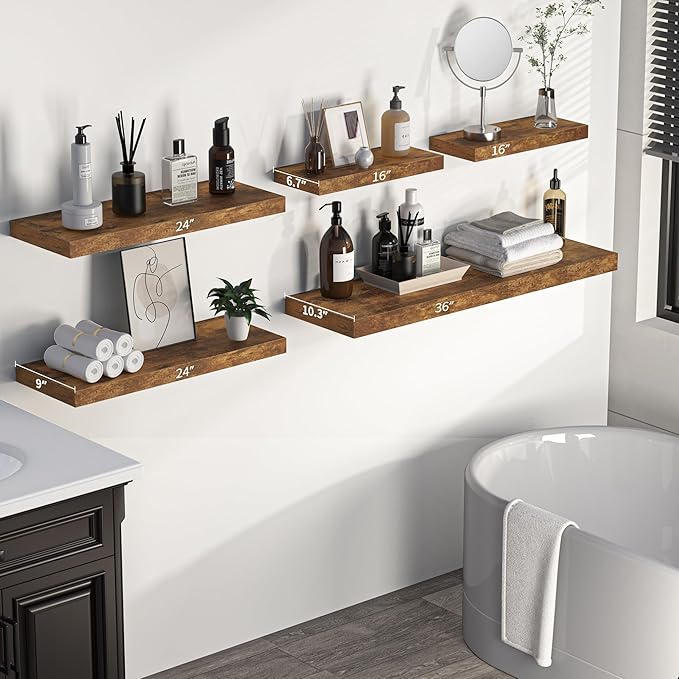 Floating Shelves - 10.3 Inch Deep Wall Shelf for Decor & Storage - Wall Mounted Display Shelving with Invisible Heavy-Duty Metal Bracket - 36" W x 10.3" D x 1.8" H - Set of 1 - Rustic Brown-Ruum Studio Home