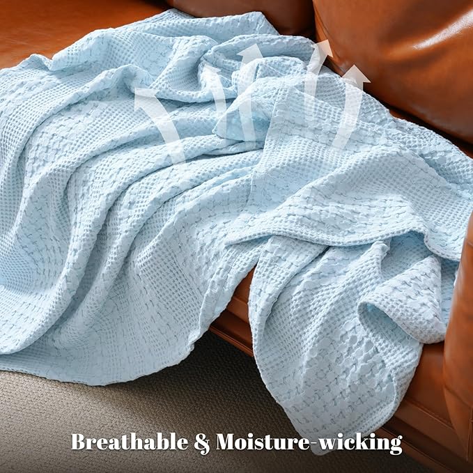 PHF 100% Cotton Waffle Weave Blanket Queen Size, Soft Lightweight Breathable Cozy Summer Blankets for Bed, Luxury Aesthetic Woven Bedding for Home Decor, 90"x90", Baby Blue-Ruum Studio Home