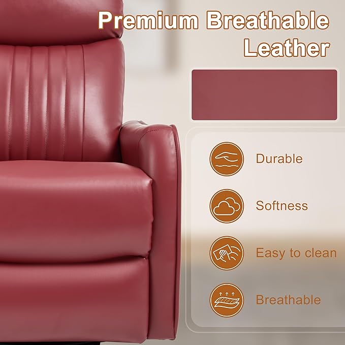 Manual Swivel Rocker Recliner Chair for Adults, Overstuffed Reclining Glider Chair for Nursing with Vibration Massage & Heat, Living Room Rocking Recliner 2-Stage backrest, Faux Leather Red-Ruum Studio Home