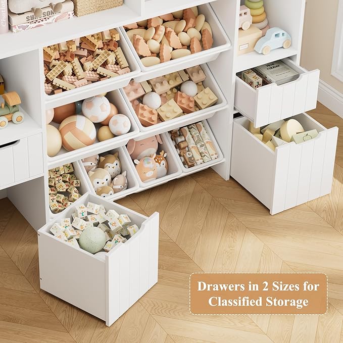 HORSTORS 55" W Toy Storage Organizer with Drawers, Large Kids Toy Storage Box with Removable Bins, Tall Kids Bookshelf and Bookcase for Boys and Girls, Modern Toy Chest for Playroom, Classroom, White-Ruum Studio Home