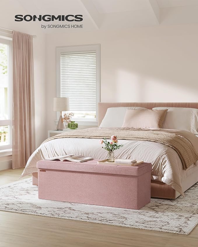 SONGMICS MAZIE Collection - 43 Inches Folding Storage Ottoman Bench, Ottoman Foot Rest, End of Bed Bench, Storage Chest, Load 660 lb, for Living Room, Bedroom, Entryway, Jelly Pink ULSF077R11-Ruum Studio Home