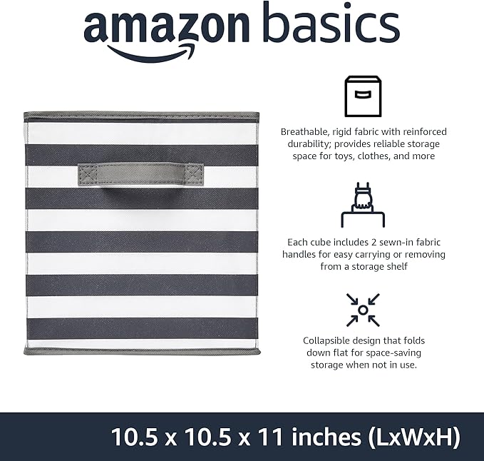 Amazon Basics Cube Organizer Storage Bins Handles, Collapsible Fabric, Pack of 6, 10.5"x10.5"x11", White/ Light Grey Stripe-Ruum Studio Home