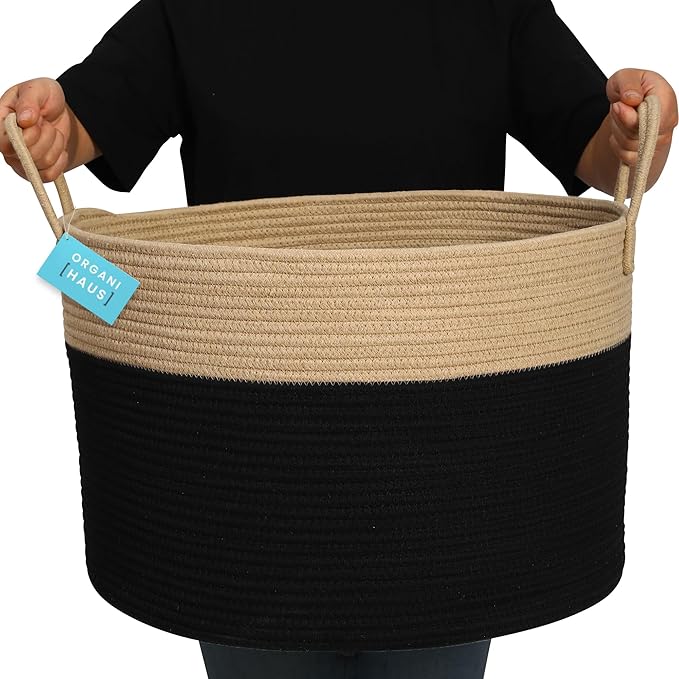 OrganiHaus Woven Laundry Basket, Large Cotton Rope Blanket Holder with Handles, Soft & Sturdy Nursery Hamper, Decorative Toy Bin for Living Room Organization 20x13 inches - Black/Honey-Ruum Studio Home