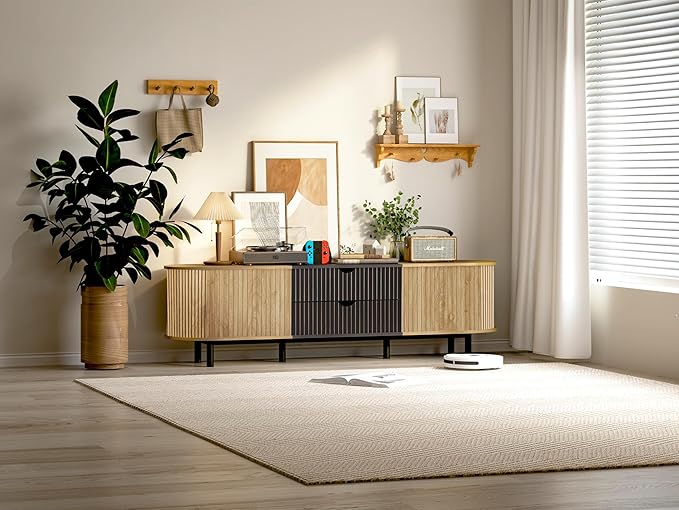 71" Tambour Door TV Stand,Wood Mid Century Modern TV Cabinet for Up to 85“ TV,Curved Edge Long TV Stand with Storage for Bedroom Living Room(Natural, 71inch)-Ruum Studio Home