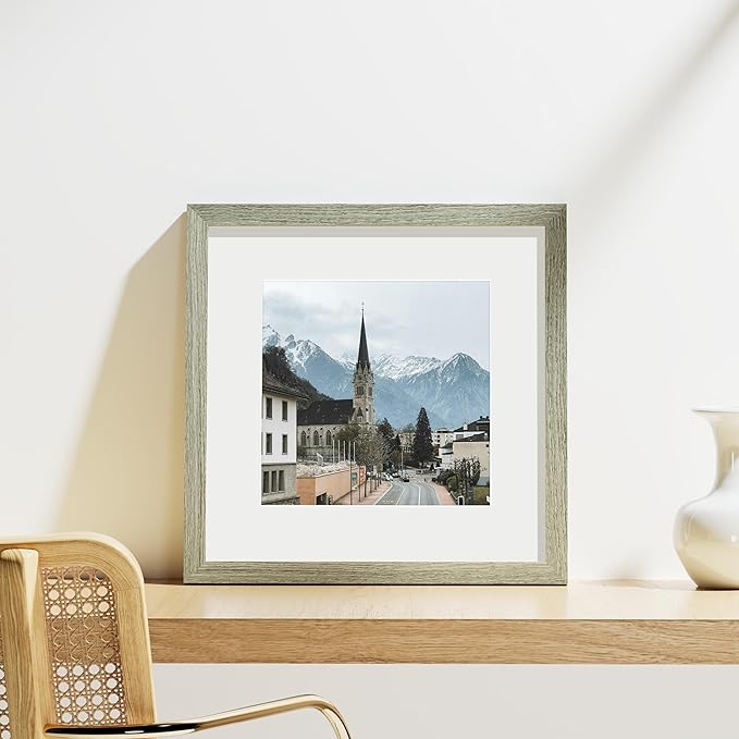 Vittanly 12x12 Picture Frames Set of 9, Shatter Resistant Plexiglass, Display 8x8 Pictures with Mat or 12x12 without Mat, Photo Frames for Wall Mount, Engineered Wood, Driftwood-Ruum Studio Home