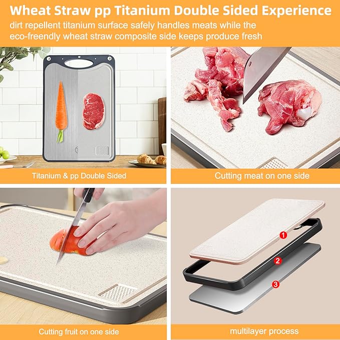 Titanium Cutting Board for Kitchen，Suitable for Handling Meat and Vegetables，Cutting Board Double Sided Food Grade，Pure Titanium and Wheat Straw PP，Dishwasher Safe, Easy to Clean, 15.08 * 10.35 Inches-Ruum Studio Home