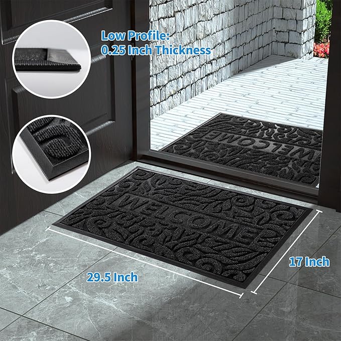 Yimobra Welcome Mat Outdoor, 29.5x17 Waterproof Door Mat Outside Entrance, All-Weather Non Slip Front Door Mat, Low-Profile Entryway Mat Indoor, Porch and Patio, Black-Ruum Studio Home