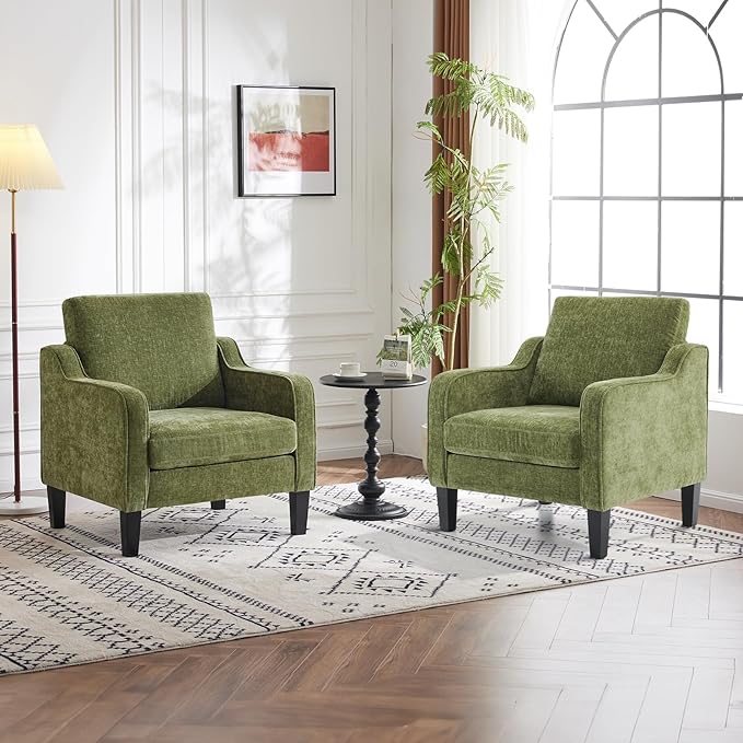 VINGLI Accent Chairs Set of 2 Living Room Chairs Olive Green Reading Chair for Bedroom Scooped Arm Chair Mid Century Modern Accent Chairs Upholstered Comfy Chair for Apartment, Waiting Room-Ruum Studio Home