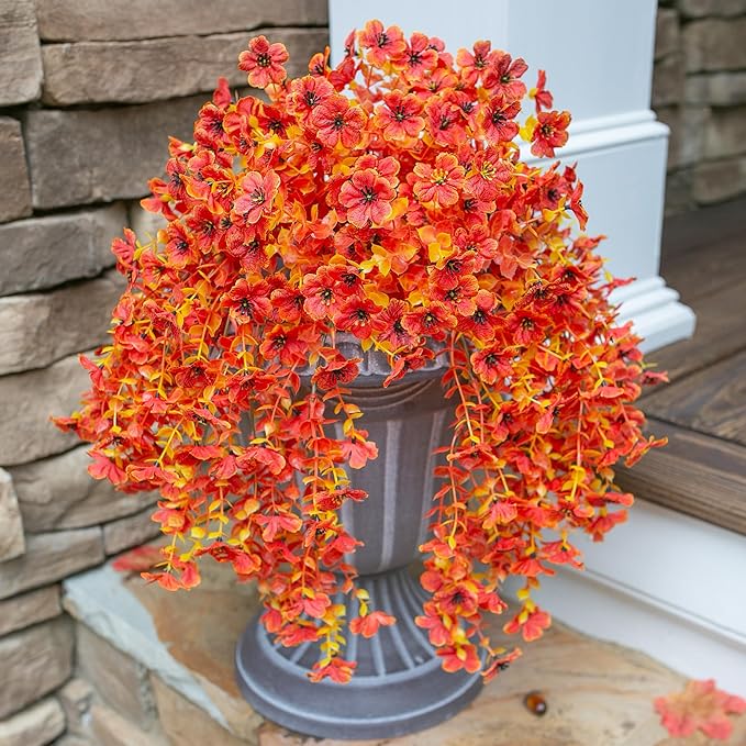 INSPRING Fall Artificial Flowers for Outdoors Fake Silk Flower, 2Pcs Red Orange Daisy Autumn Decor, Realistic Hanging Decoration Plants, UV & Fading Resistant for Porch Patio Balcony Planter-Ruum Studio Home