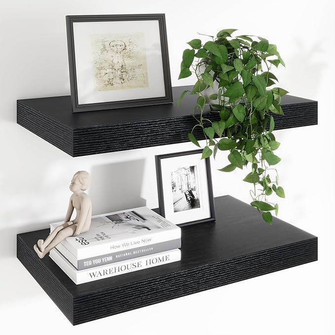 Heimlove 24 x 12 Inch Deep Floating Shelves Wall Mounted with Invisible Brackets,Storage Hanging Shelf for Wall Decor in Bathroom, Bedroom, Toilet, Kitchen, Living Room, Office Set of 2 (Black)-Ruum Studio Home