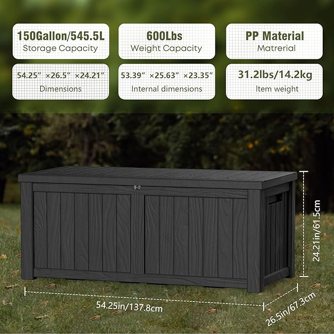 150 Gallon Lockable Resin Deck Box, Waterproof & UV-Resistant Outdoor Storage Box for Outdoor Cushion Storage, Garden Tools & Pool Accessories Storage, Black-Ruum Studio Home