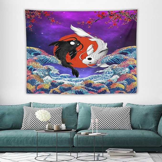 Houselerax Japanese Koi Fish Tapestry, Yin Yang Big Wave Cherry Blossom Tapestries Wall Hanging for Bedroom Living Room Office Decor 80"x60"-Ruum Studio Home