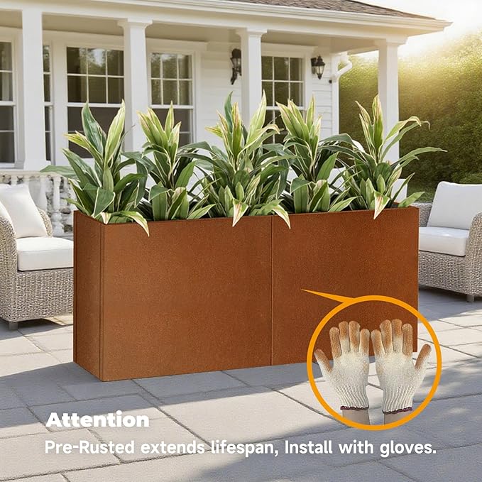 Galvanized Steel Metallic Heavy Planter for Outdoor Plants Metal Outdoor Planter Spliced Flower Box with Partitions for Outside,Indoor,Garden (Corten, 30 * 12 * 24)-Ruum Studio Home