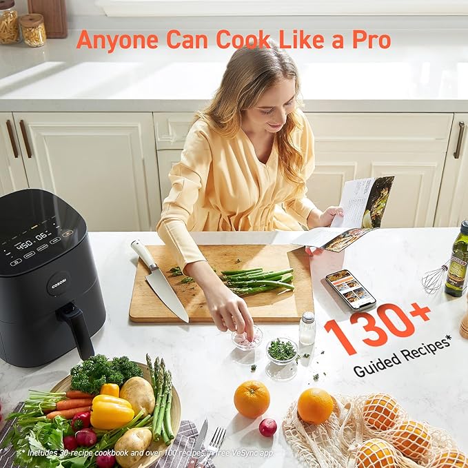 COSORI Air Fryer Pro 9-in-1, Compact 5QT, 450℉: Half Time & Chef-Grade Cook, One-Wipe Clean Glass Panel, 130+ In-App Recipes with Nutritional Info, Nonstick & Dishwasher-Safe Basket, Ceramic, Gray-Ruum Studio Home