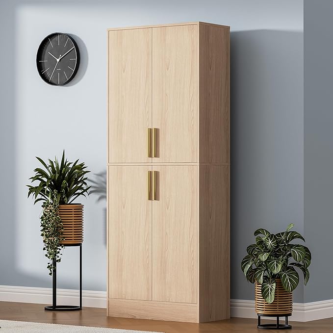 71" Tall Pantry Cabinet with 4 Doors, Kitchen Pantry Storage Cabinet, Freestanding Larder Cupboard, Utility Kitchen Hutch with Gold Handles for Dining Room, Bathroom, Oak-Ruum Studio Home