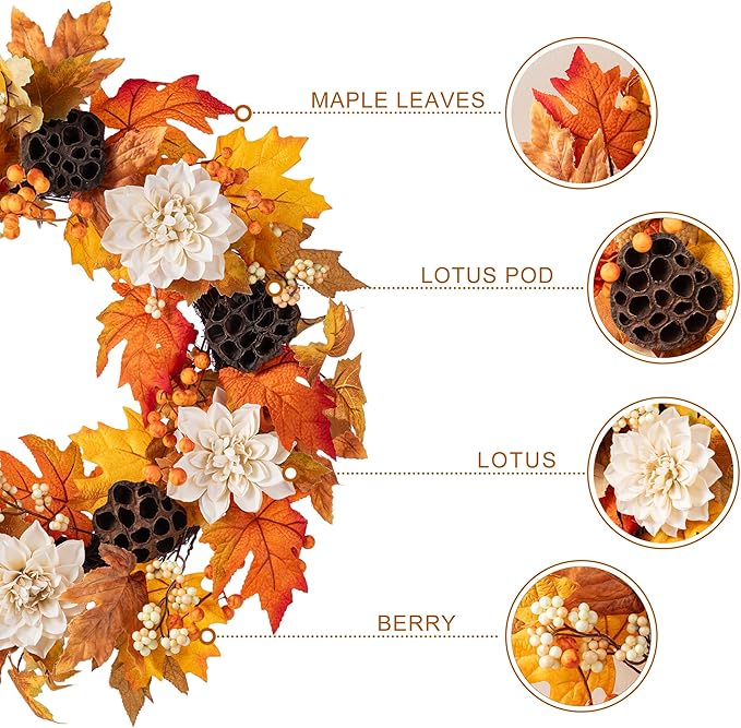 Glitzhome 24" D Fall Sorghum Wreath with Metal Hanger, Harvest Wreath for Front Door, Fall Door Wreaths for Indoor Outdoor Thanksgiving Harvest Holiday Decorations-Ruum Studio Home