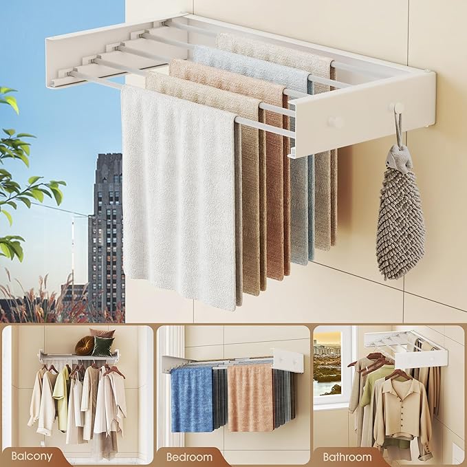 Upgrade Wall Mounted Clothes Drying Rack, 31.5 Inch, Foldable, Collapsible, Retractable, White-Ruum Studio Home