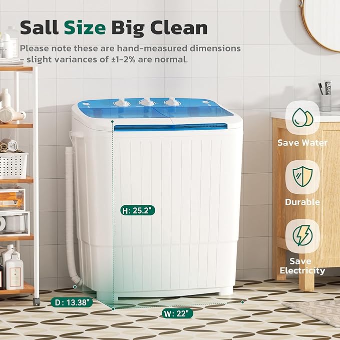 Greenvelly Portable Washing Machine, 16 Lbs Compact Mini Washer and Dryer Combo, Semi-automatic Twin Tub Washer with Drain Pump for Dorms, Apartments, RVs (Blue)-Ruum Studio Home