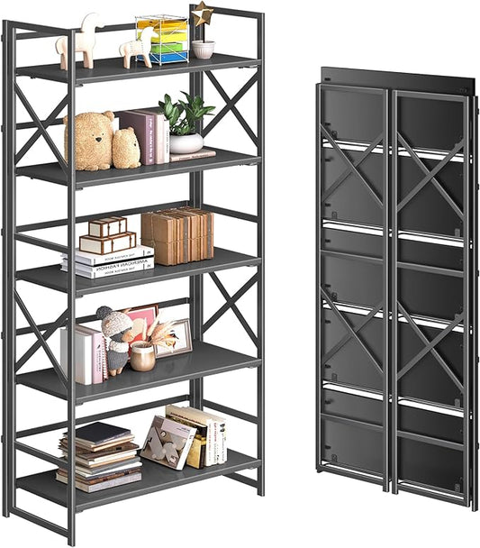 4NM 5 Tiers No Assembly Book Shelves, 51.2" H Folding Bookshelf Bookcase Open Industrial Foldable Shelves for Bedroom, Living Room, Home Office - All Black-Ruum Studio Home