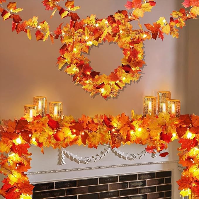 4 Pack Fall Decor Garland - Fall Thanksgiving Decorations for Home - 23.6Ft Maple Leaves Garland with Lights Battery Operated for Mantle Fireplace Table Indoor Outdoor Autumn Halloween Christmas Decor-Ruum Studio Home