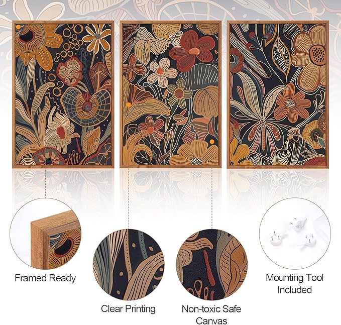 Aurlan Burnt Orange Wildflowers Botanical Wall Art Set(16"x24"), 3 Pieces Abstract Floral Blossom Framed Canvas Artwork, Large Mid Century Modern Boho Nature Wall Decor for Office Bedroom Living Room-Ruum Studio Home