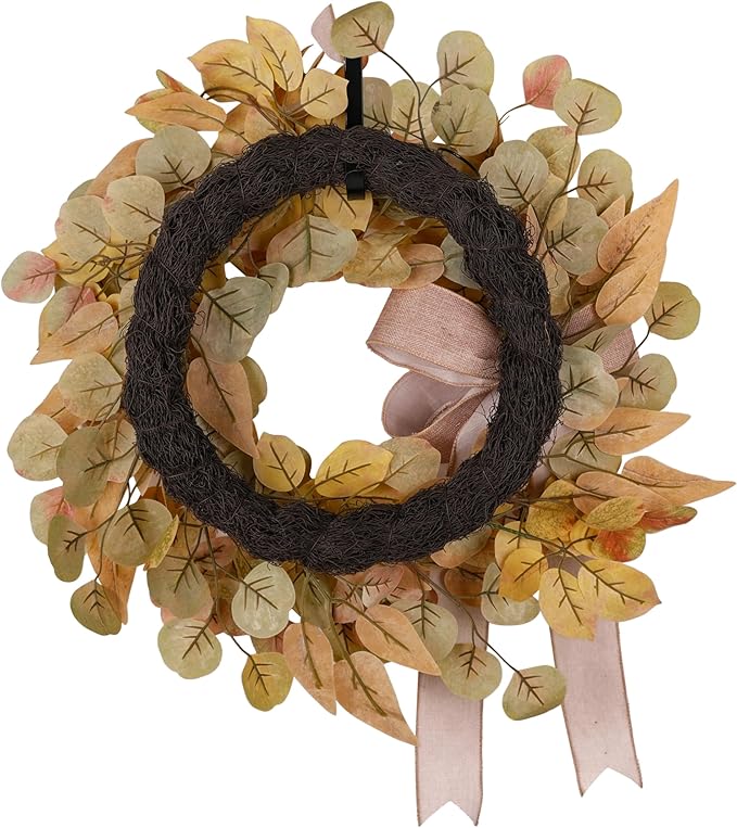 Fall Wreath for Front Door 24 Inch, Autumn Colored Faux Leaves Wreath with Bow, Simple & Minimalist Fall Decoration for Home Farmhouse Door Wall Window Indoor/Outdoor-Ruum Studio Home