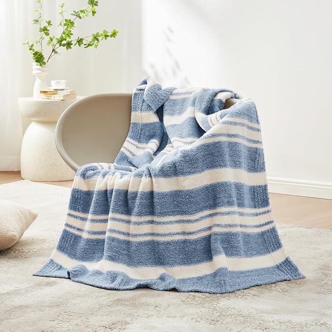 Snuggle Sac Stripe Blue Blankets Luxurious Microfiber Fabric, Reversible Super Soft Bedding Blankets Warm Cozy Knit Fuzzy Plush Blanket for Bed,Couch,Sofa,Living Room, Blue Stripe,60x80 inches-Ruum Studio Home