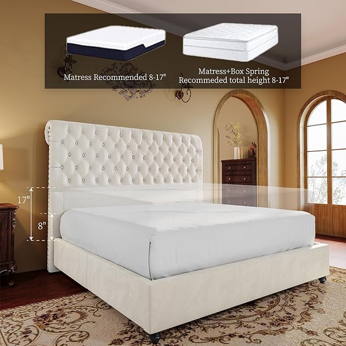 PaPaJet King Bed Frame Upholstered Platform Bed Frame with 52.8'' Tall Sleigh Headboard, Button Tufted, No Box Spring Needed, Easy Assembly, Cream-Ruum Studio Home